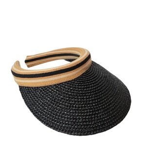 HELEN KAMINSKI Black Raffia Sun Visor Hat Straw Woven Stripe Band Gold Emblem